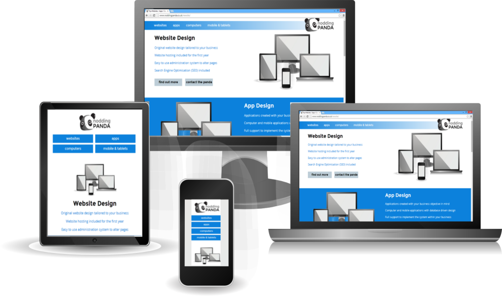 Desktop computer, laptop, tablet, and phone displaying a responsive website design